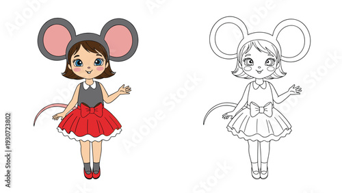 Cute little girl dressed in a mouse costume with large ears and a red skirt in a side by side coloring book page.