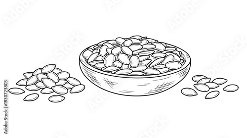 Bowl of roasted pumpkin seeds and scattered seeds on a transparent background