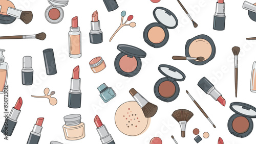 Colorful seamless pattern featuring various makeup and cosmetic items like lipstick, brushes, powder, and eye shadow.