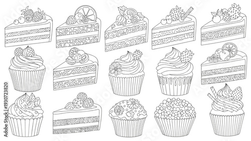 Large variety of delicious cakes, slices, and cupcakes with different toppings in a set of line art illustrations.