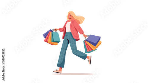 Happy young woman with blonde hair running and carrying many colorful shopping bags after a successful retail sale.