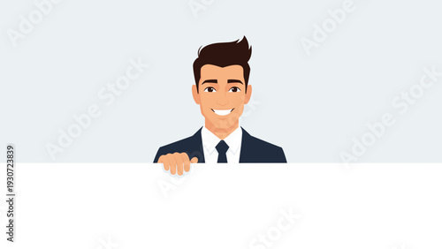 Cheerful young businessman in a dark suit standing behind a large blank white horizontal banner for custom text.