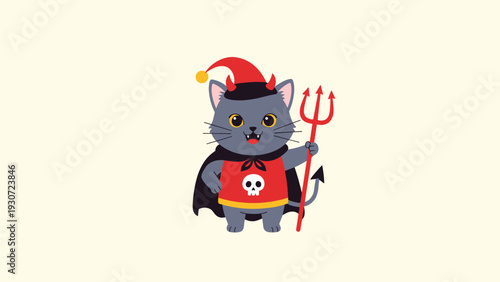 Mischievous dark grey cat dressed in a red devil costume with horns, a trident, and a small skull necklace emblem.