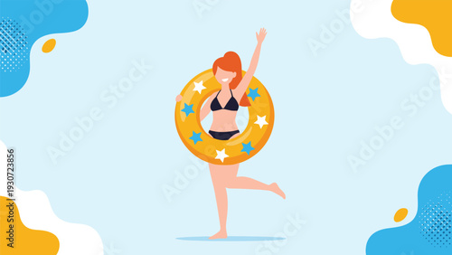 Happy young woman in a black bikini holding a yellow star pattern inflatable ring on a colorful beach background.