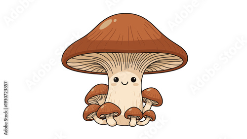 Family of cute brown mushroom characters with a large central mushroom featuring a friendly happy smiling face.