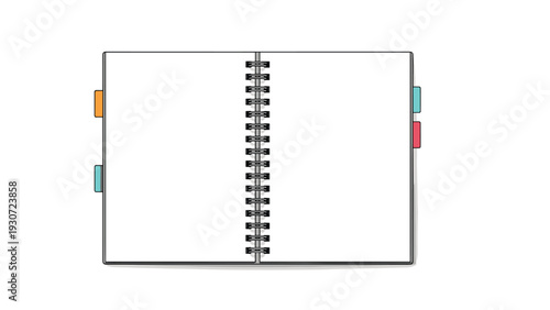Blank open spiral notebook with clean white pages and colorful side tabs for easy organization and quick notes.