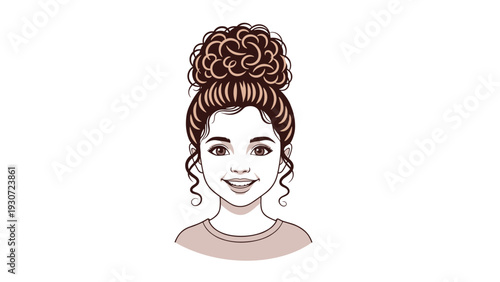 Portrait of a beautiful young girl with a stylish high curly bun hairstyle and a friendly happy smiling face.