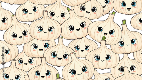 Adorable cartoon garlic characters with big eyes and cheerful smiles are arranged in a dense, playful pattern across the white background.