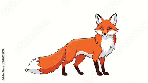 Detailed illustration depicts a beautiful red fox standing alert, showcasing its orange fur, white chest, and a long bushy tail.