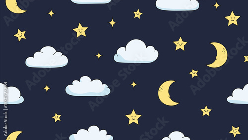 Whimsical night sky pattern features smiling stars, soft white clouds, and crescent moons on a dark blue background for kids.