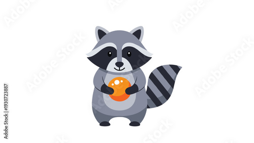 Cute grey raccoon character stands on a white background, happily holding a bright orange ball with both of its small paws.