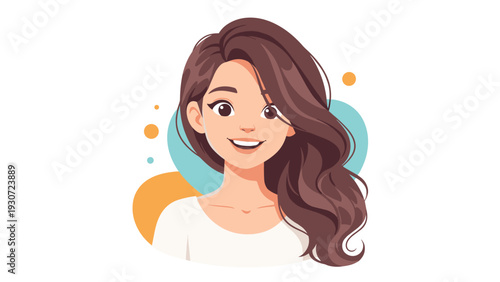 Portrait of a joyful young woman with long wavy brown hair and a bright smile, set against a simple artistic background.
