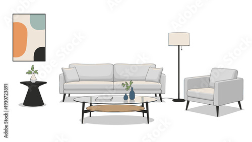 Modern living room interior features a grey sofa, a matching armchair, a glass coffee table, and a tall lamp in a bright space.