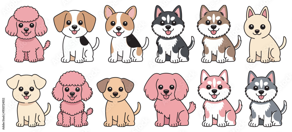 Obraz premium Puppy Dog Cartoon Character Vector Set, Cute Breeds and Poses, Fun Pet Illustrations, Vector Graphics for Children and Design Projects