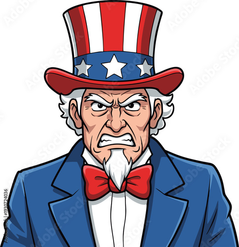 Angry Uncle Sam Cartoon Character with Patriotic Hat and Bowtie.