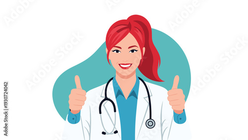 Confident female doctor with a stethoscope around her neck gives two thumbs up, signifying health, success, and positivity.