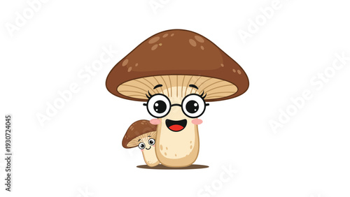Adorable cartoon mushroom character with black round glasses and a tiny companion isolated on white background.