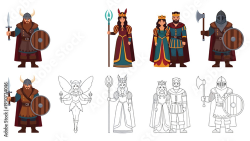 Collection of fantasy characters featuring a viking, fairy, queen with a staff, royal couple, and a knight in armor.