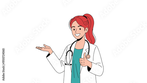 Friendly female doctor with red hair tied in a ponytail wearing a white coat and stethoscope giving a thumbs up.