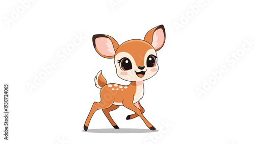 Small baby deer fawn with a happy expression and white spots walking forward on a solid white background.