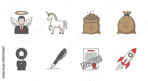 Set of 6 flat vector icons representing Venture Capital Funding for startup business investments