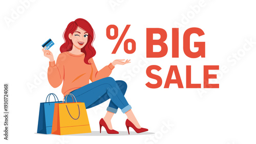 Smiling woman with red hair holds a credit card and shopping bags, sitting next to a bold red sign that says big sale.