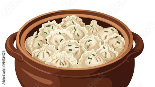 Delicious bowl filled with freshly steamed traditional dumplings garnished with green herbs on a white background.
