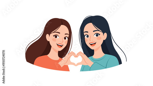 Two happy young women smiling and making a heart shape with their hands against a clean white background.