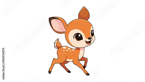 Adorable baby deer fawn with large brown eyes and white spots walking gracefully on a plain white background.