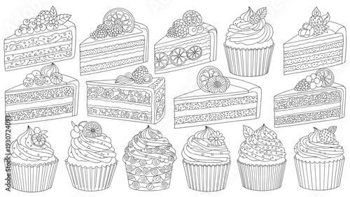 Detailed black and white line art pattern featuring various slices of cake and delicious decorated cupcakes.