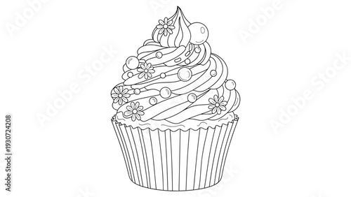 Detailed line art of a delicious cupcake with swirls of frosting and small flower decorations for coloring.