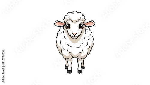 Sweet little white sheep with fluffy wool looking forward with big brown eyes on a clean white background.