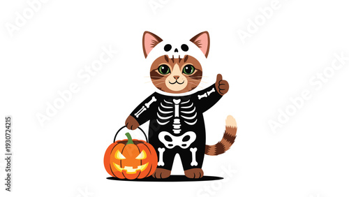 Adorable cat dressed in a skeleton costume for Halloween holding a pumpkin bucket and giving a thumbs up.