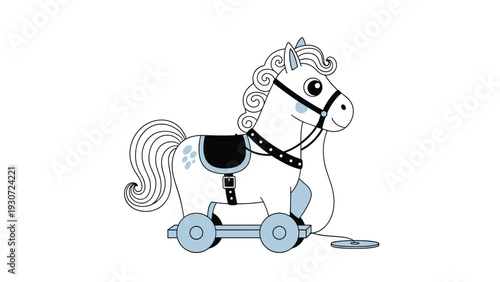 Cute white toy horse with blue wheels and a black saddle shown in profile on a plain white background for kids.