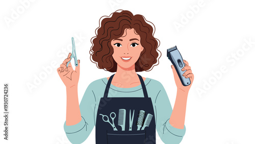 Professional female hairstylist with curly brown hair smiling while holding hairdressing scissors and an electric hair clipper.