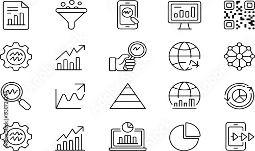 Minimal Line Icon Set of Data Analytics, Business Marketing and Digital Strategy Symbols for Statistics and Growth Concepts