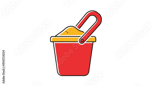 Simple flat illustration of a red plastic beach bucket filled with golden sand for summer vacation and outdoor play.