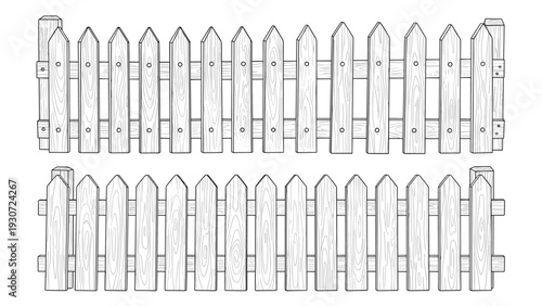 Detailed black and white line art illustrations showing two different styles of wooden picket fences for garden design.