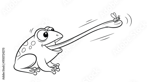 Black and white line art coloring page of a spotted frog catching a flying insect with its long sticky tongue in motion.
