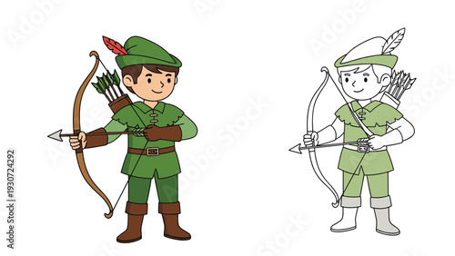 Character illustration of a young archer in green forest attire holding a bow and arrow in both color and line art styles.