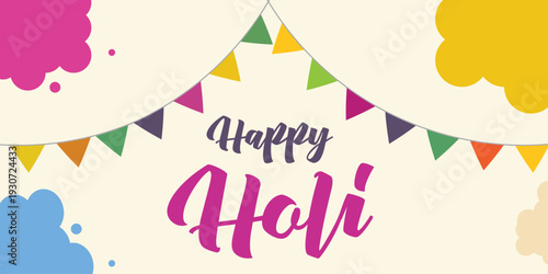 Happy Holi Festival Text Typographic Background Design Template. Happy Holi flag festival. Vector illustration. Eps 10.