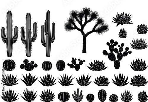 Cactus and desert plant silhouette vector set with prickly pear saguaro and succulent elements for cad drawing flat vector illustration,