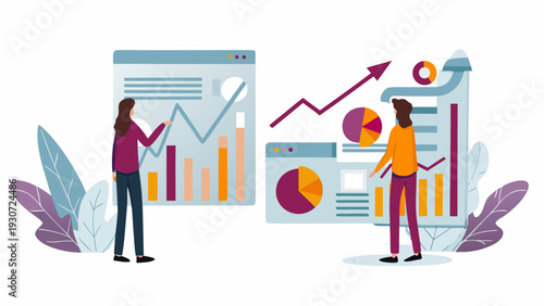 Business professionals analyzing data on large screens with graphs