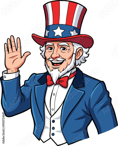 Smiling Uncle Sam Waving Hand Cartoon Illustration.
