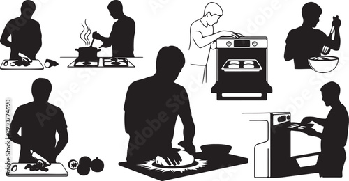 Silhouette illustrations of people cooking cleaning and preparing food in the kitchen vector icons for culinary and family concepts