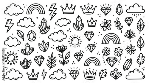 Hand drawn cute doodle icon set featuring clouds crowns crystals rainbows and nature elements