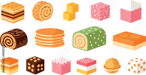 Assorted Sweet Desserts Collection with Cake Slices, Swiss Roll, Layered Pastries and Colorful Candy Cubes Vector Illustration Set