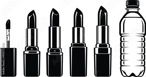 Cosmetic makeup lipstick and liquid lip gloss set with plastic water bottle silhouette for beauty routine cad drawing flat vector illustration,