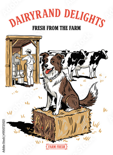 Dairy farm illustration with farmer, border collie dog, and cows, hand drawn vector graphic for fresh produce label or logo design.