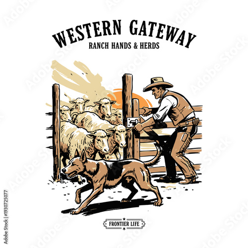 Vintage western cowboy rancher with herding dog and sheep at a gateway, detailed graphic vector illustration for t-shirt design, logo or badge.